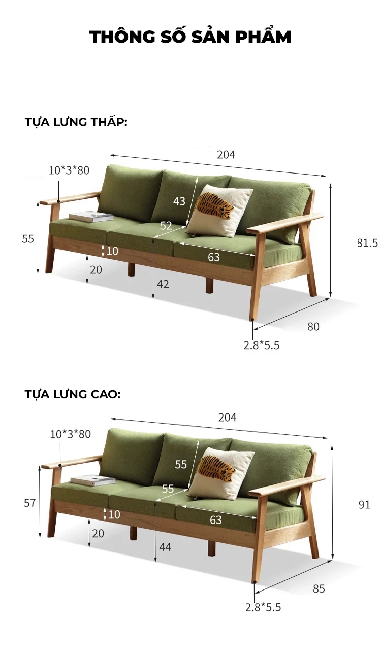 kích thước chi tiết của Sofa gỗ tự nhiên phong cách tối giản hiện đại CBK15