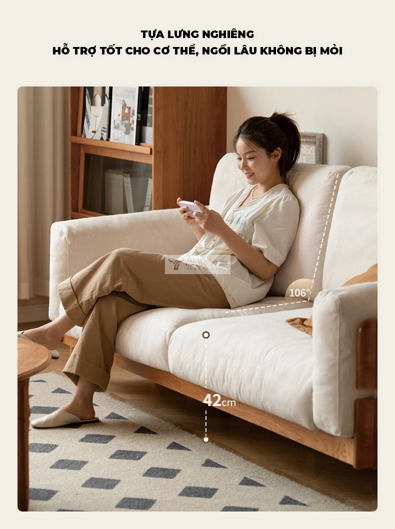 thiết kế tựa lưng thoải mái của Sofa gỗ tự nhiên thiết kế thanh lịch, nệm cao cấp SB37