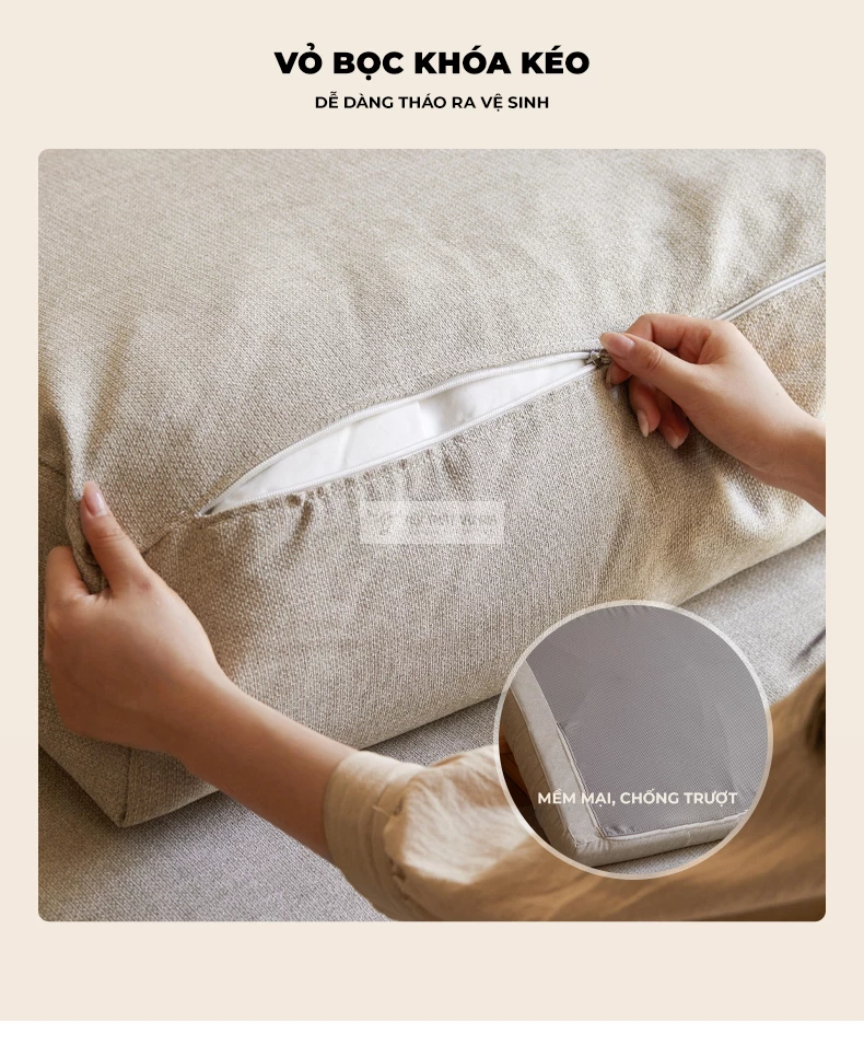 thiết kế đệm có khóa kéo tiện lợi của Sofa khung gỗ tự nhiên nệm cao cấp phong cách hiện đại CBK20