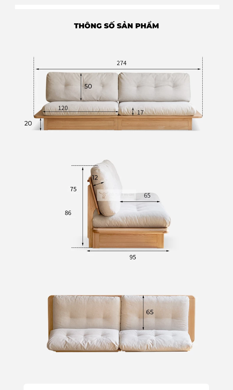 kích thước chi tiết của Sofa khung gỗ tự nhiên nệm cao cấp phong cách hiện đại CBK20