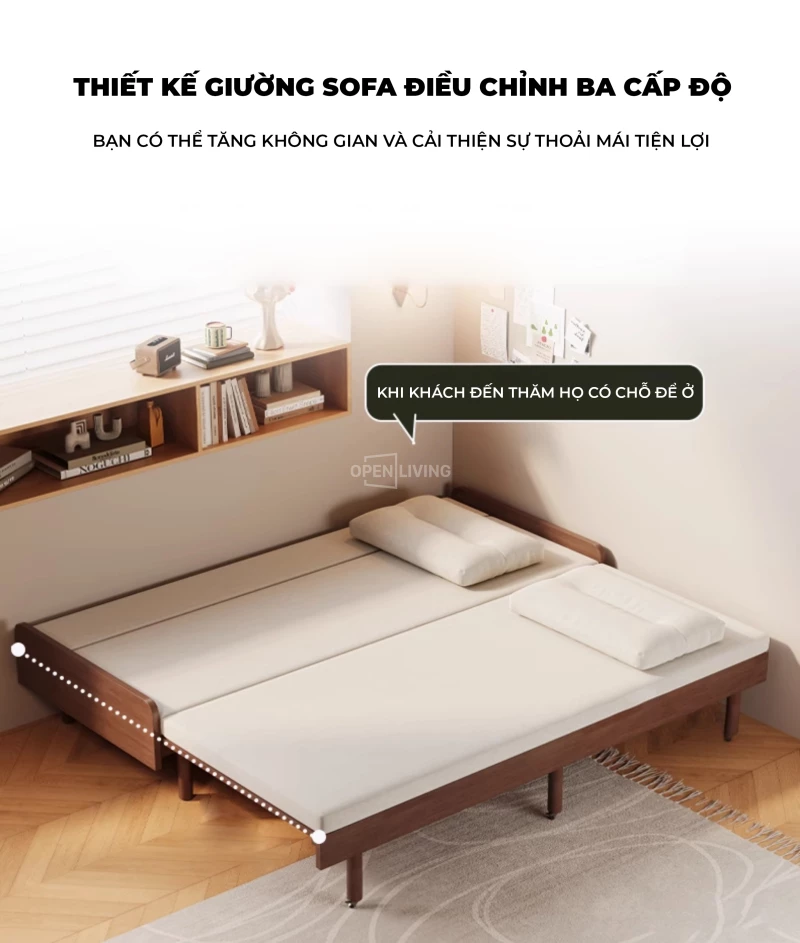 Sofa mở rộng thành giường OSF 057 với 2 chế độ, được làm từ gỗ tự nhiên chắc chắn, mang đến sự linh hoạt và tiện dụng cho không gian sống. Thiết kế thông minh cho phép dễ dàng chuyển đổi giữa ghế ngồi và giường ngủ, phù hợp với các gia đình cần tối ưu hóa không gian nhưng vẫn đảm bảo sự thoải mái và độ bền lâu dài.