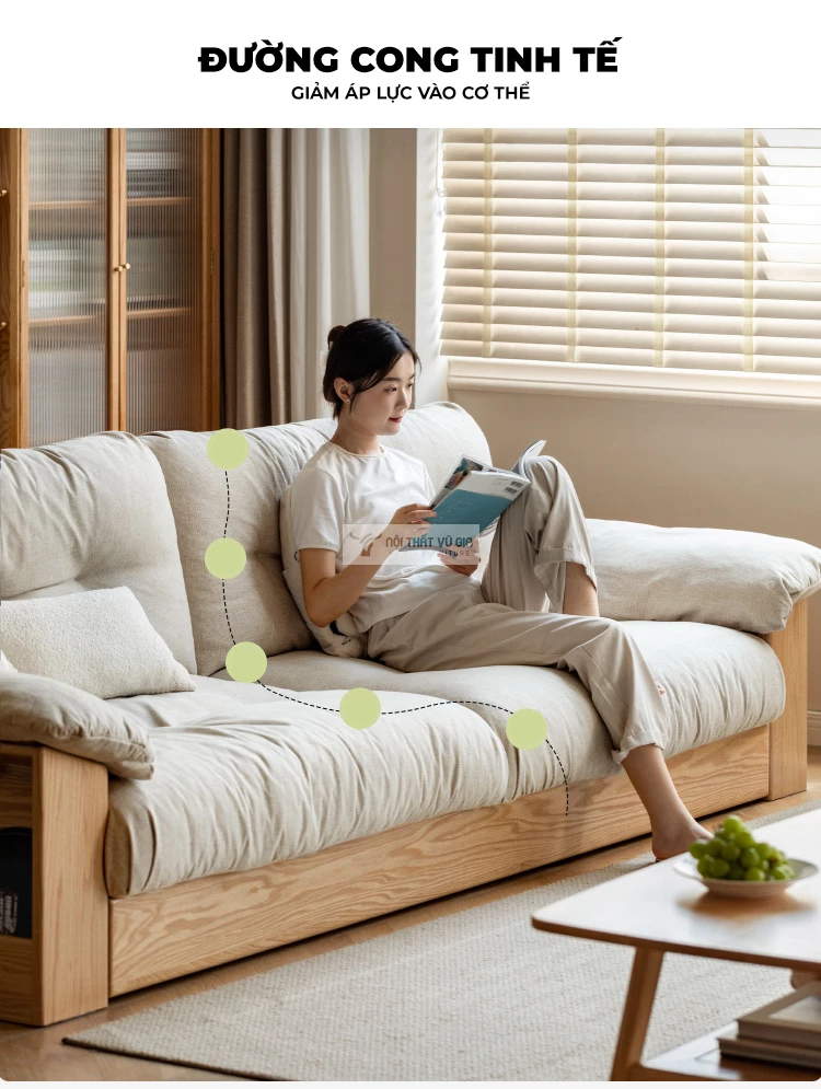 thiết kế đường cong tinh tế của Sofa phòng khách gỗ tự nhiên cao cấp, thiết kế đa năng CBK7