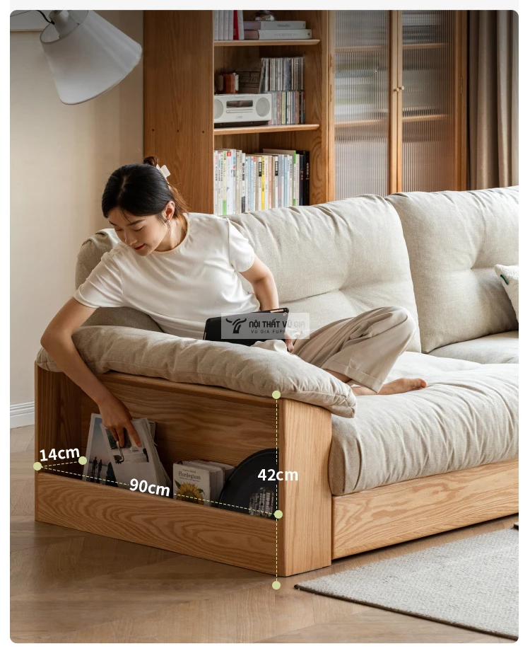 thiết kế hộc lưu trữ tiện lợi của Sofa phòng khách gỗ tự nhiên cao cấp, thiết kế đa năng CBK7