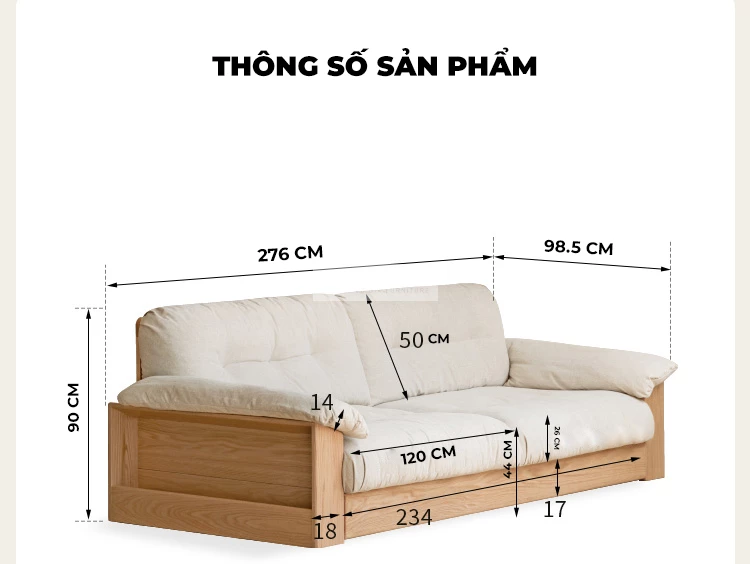 kích thước chi tiết của Sofa phòng khách gỗ tự nhiên cao cấp, thiết kế đa năng CBK7