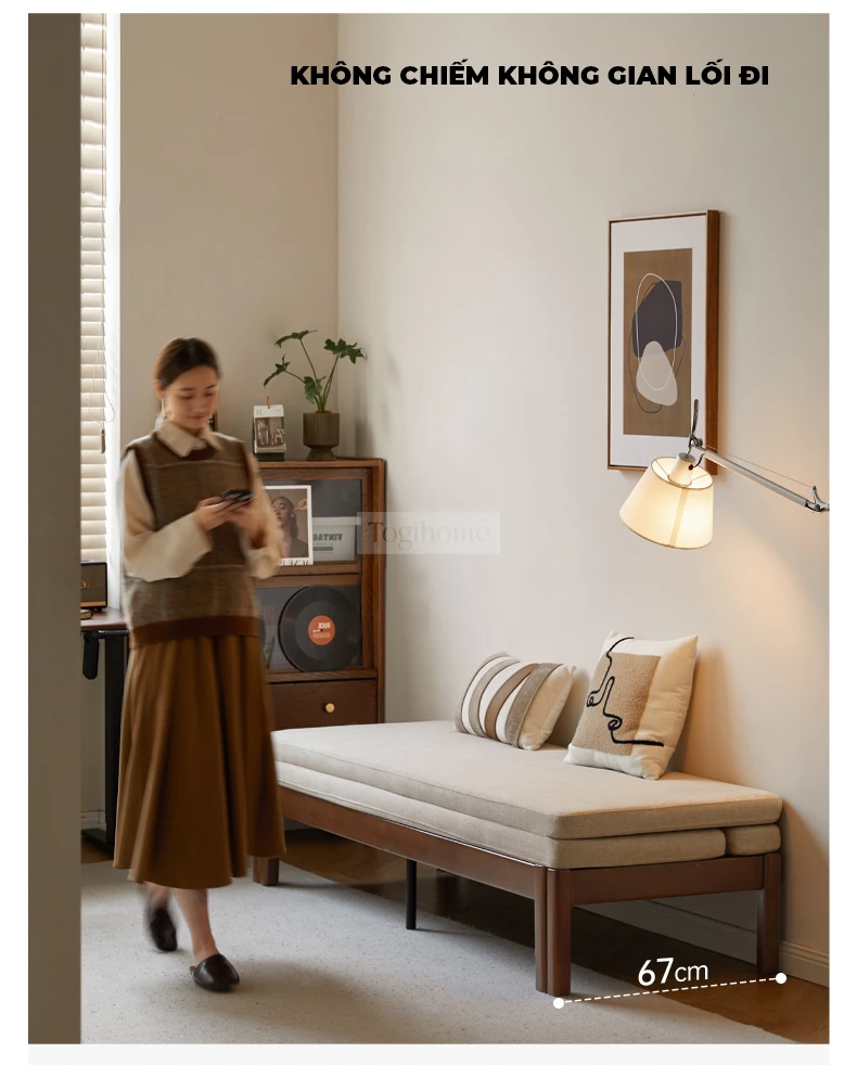Sofa Phòng Khách Gỗ Tự Nhiên Gấp Mở Hiện Đại Togismart M85 thiết kế thông minh, khung gỗ chắc chắn, dễ dàng chuyển đổi từ ghế thành giường tiện lợi. Chất liệu gỗ bền đẹp, đệm êm ái, kiểu dáng hiện đại giúp tiết kiệm không gian và mang lại sự sang trọng cho phòng khách.