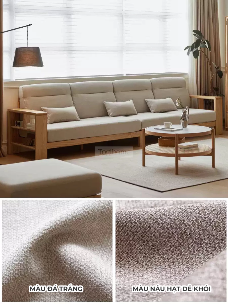 Sofa Phòng Khách Gỗ Tự Nhiên Hiện Đại Togismart M58 là lựa chọn lý tưởng cho phòng khách hiện đại. Thiết kế tối giản với khung gỗ tự nhiên chắc chắn, đệm ngồi êm ái, màu sắc trang nhã. Mang lại sự thoải mái và phong cách cho không gian sống, dễ kết hợp với nhiều phong cách nội thất.
