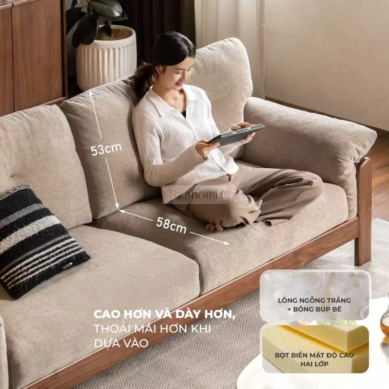 Sofa Phòng Khách Gỗ Tự Nhiên Hiện Đại Togismart M73 thiết kế hiện đại thanh lịch, khung gỗ bền chắc, đệm ngồi êm ái. Sản phẩm phù hợp với không gian phòng khách sang trọng, tinh tế, giúp nâng tầm phong cách sống và mang đến trải nghiệm thoải mái cho gia đình bạn.