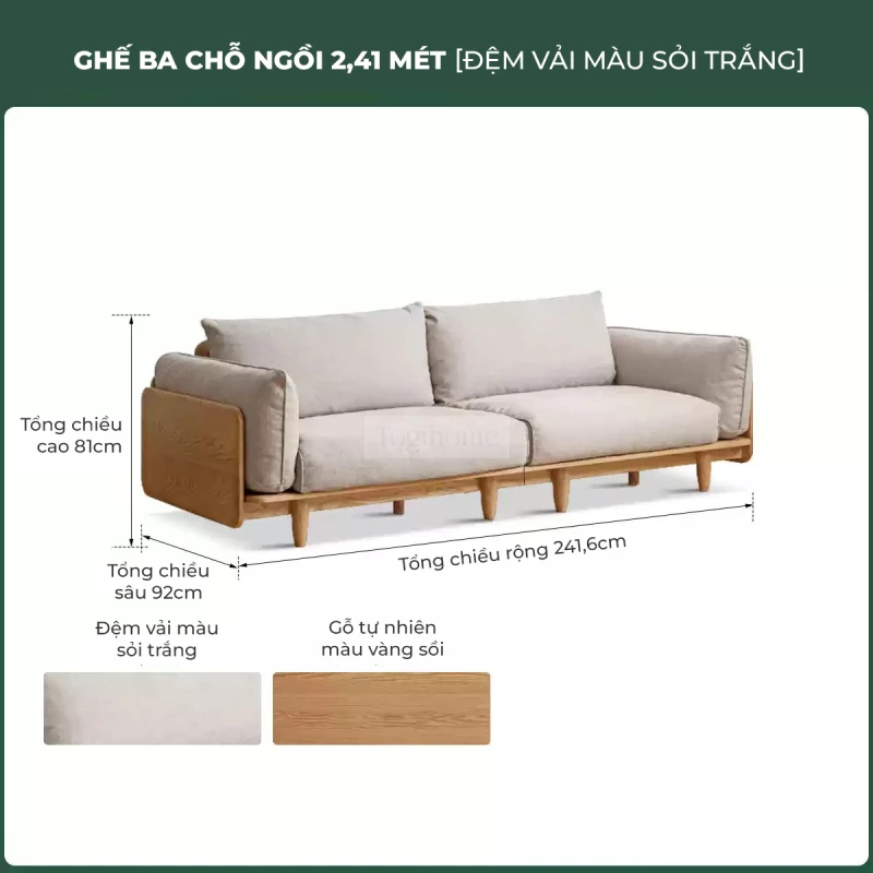 Sofa Phòng Khách Gỗ Tự Nhiên Hiện Đại Togismart M74 mang phong cách hiện đại tối giản, khung gỗ chắc chắn, đệm êm thoải mái. Thiết kế thanh lịch phù hợp nhiều không gian sống, tạo điểm nhấn tinh tế cho phòng khách, nâng cao giá trị thẩm mỹ và tiện nghi cho ngôi nhà.