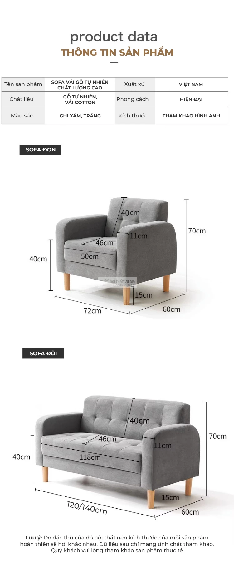 kích thước chi tiết của Sofa phòng khách phong cách tối giản SB20