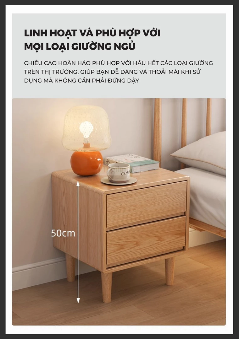 Tủ Đầu Giường Gỗ Tự Nhiên CV023 với thiết kế chiếm dụng không gian ít phù hợp với nhiều loại giường.