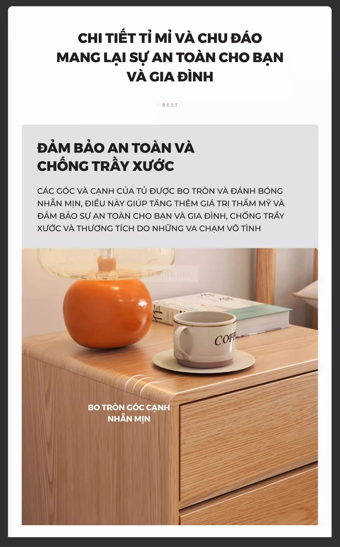 Tủ Đầu Giường Gỗ Tự Nhiên CV023 với thiết kế bo tròn các cạnh mang đến sự thoải mái khi sử dụng.