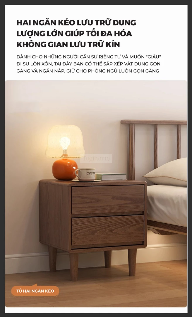Tủ Đầu Giường Gỗ Tự Nhiên CV023 với thiết kế ngăn kéo lưu trữ dung lượng lớn.
