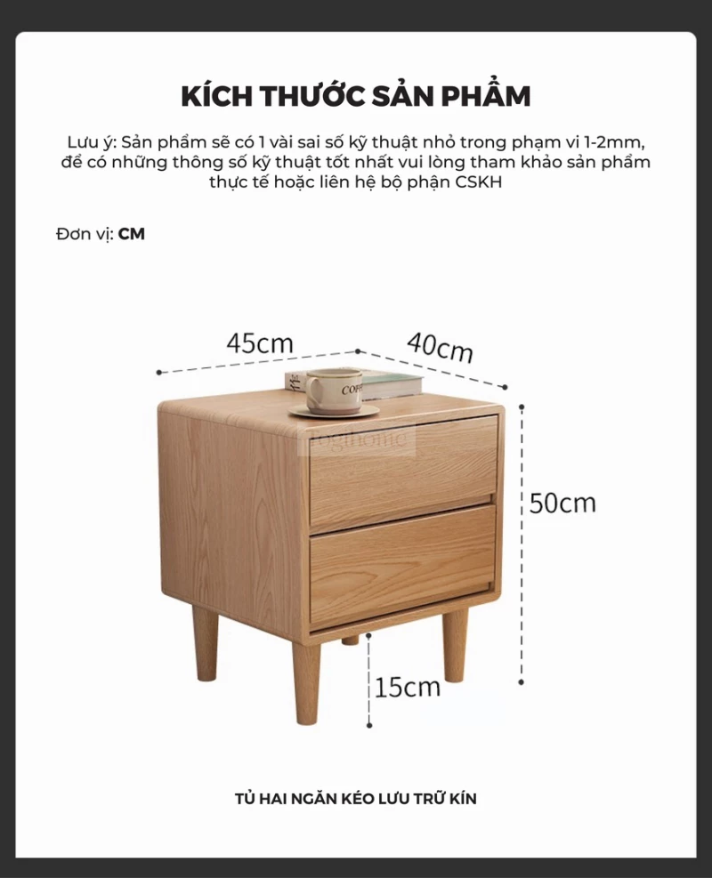 Tủ Đầu Giường Gỗ Tự Nhiên CV023 - Thông số và kích thước chi tiết của sản phẩm.