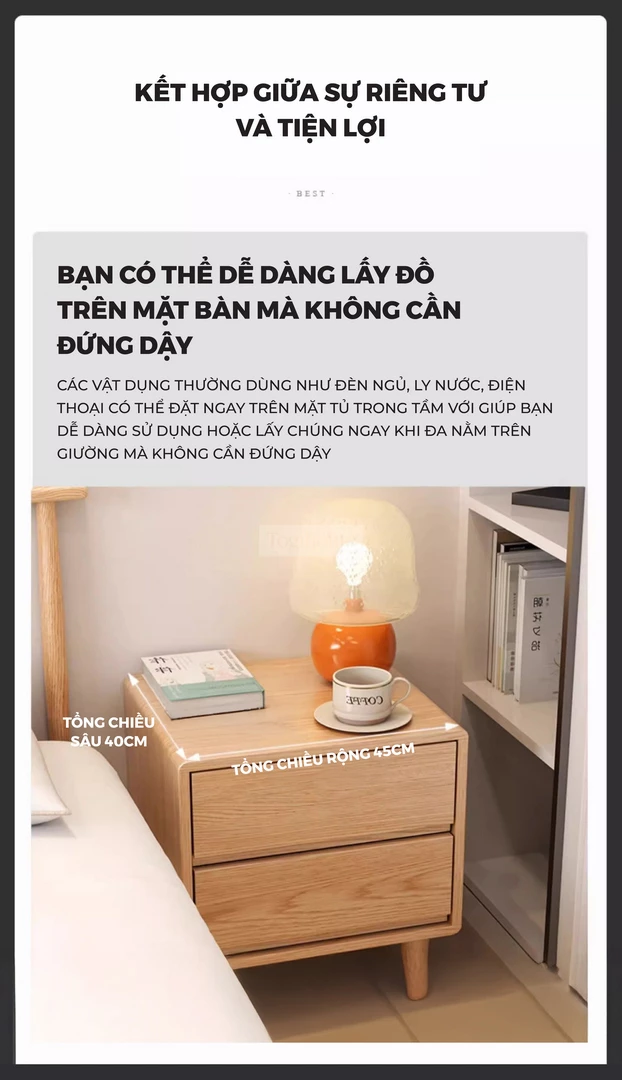 Tủ Đầu Giường Gỗ Tự Nhiên CV023 có tích hợp không gian lưu trữ trên mặt bàn mang đến sự tiện lợi.