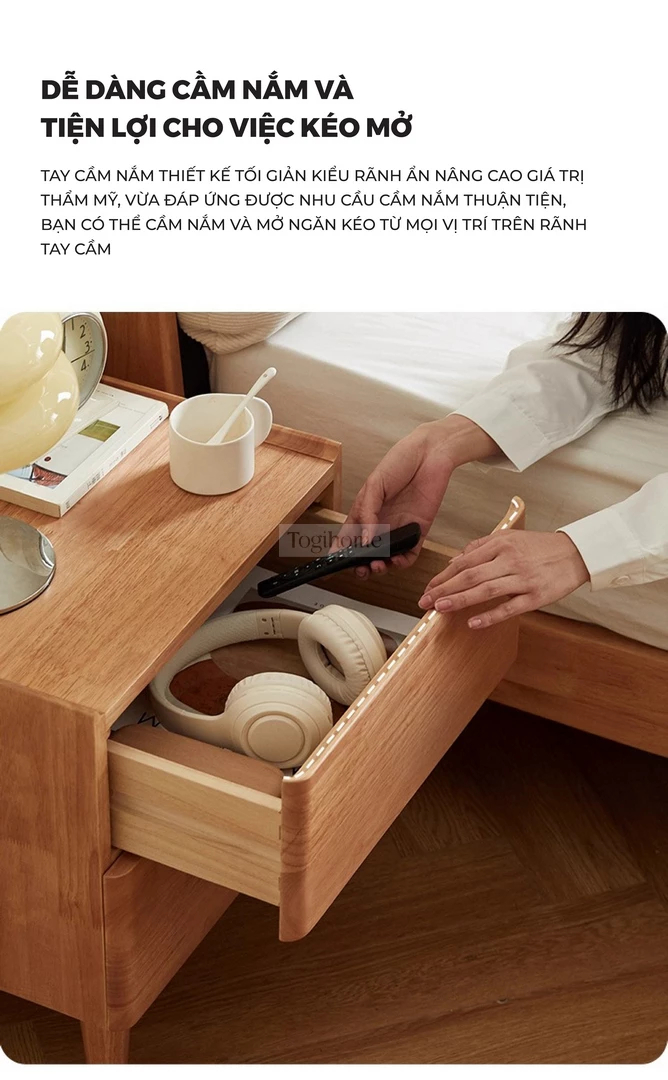 Tủ Đầu Giường Gỗ Tự Nhiên CV092 với thiết kế tay cầm tiện lợi dễ dàng cầm nắm.