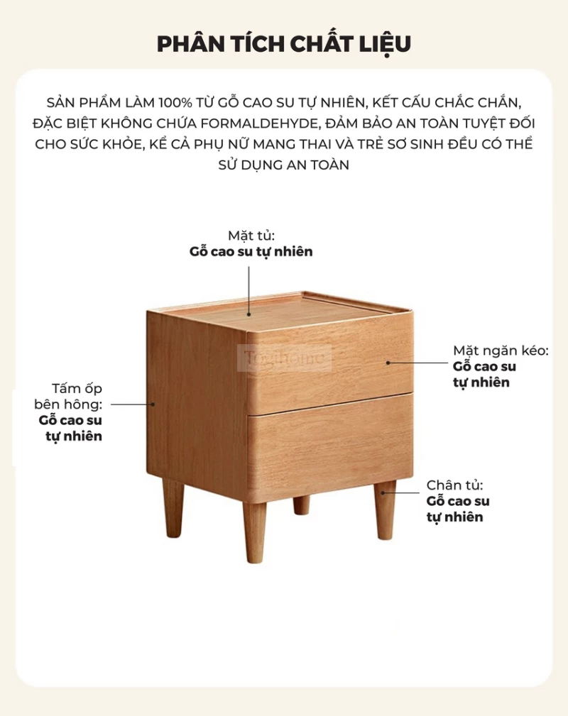 Tủ Đầu Giường Gỗ Tự Nhiên CV092 với chất liệu gỗ cao su tự nhiên mang đến nhiều tiện ích.