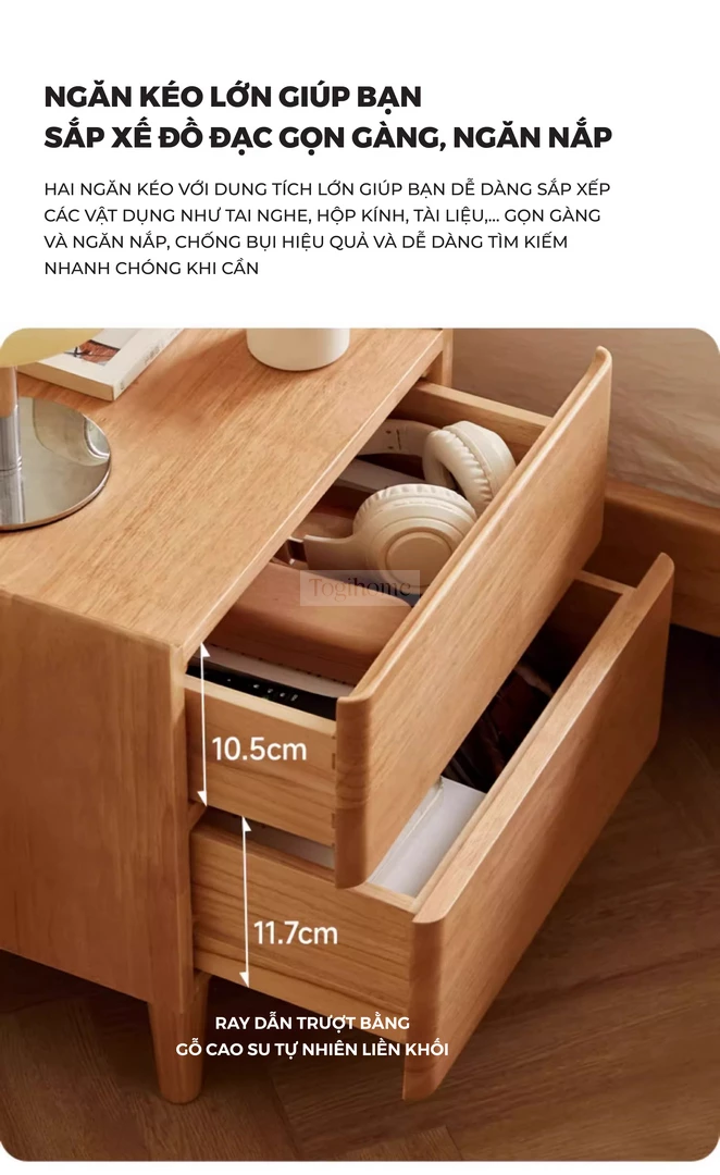 Tủ Đầu Giường Gỗ Tự Nhiên CV092 với thiết kế ngăn kéo lớn giúp bạn sắp xếp đồ đạc ngăn nắp và gọn gàng.