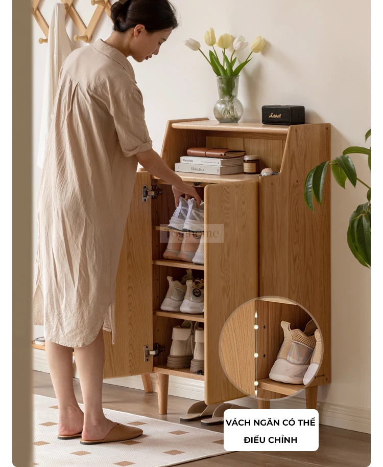 Tủ Để Giày Gỗ Tự Nhiên Đa Năng Hiện Đại Togismart TDG 111 thiết kế sang trọng, gọn gàng, phù hợp nhiều không gian. Chất liệu gỗ tự nhiên bền chắc, chống ẩm tốt, giúp bảo quản giày dép ngăn nắp, tiện lợi và tạo điểm nhấn tinh tế cho ngôi nhà.