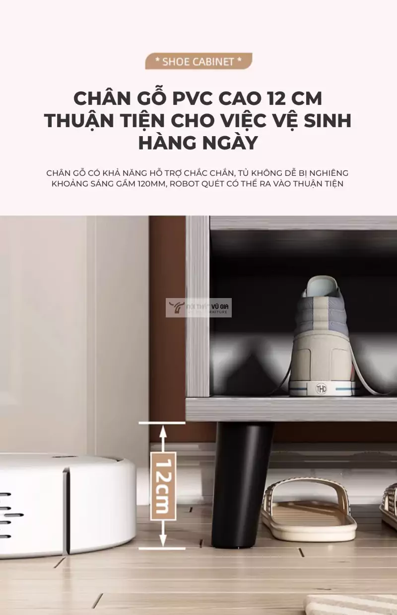 thiết kế chân cao vệ sinh dễ dàng của Tủ giày đa năng thiết kế thông minh KG01