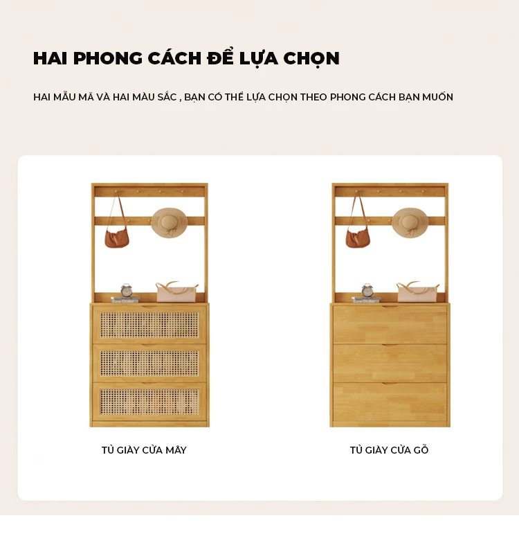 tùy chọn cánh của Tủ giày gỗ tự nhiên kết hợp cánh mây cao cấp KG16