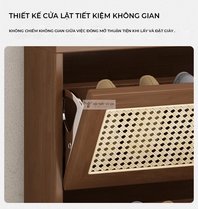 thiết kế cửa lật tiện lợi của Tủ giày gỗ tự nhiên kết hợp cánh mây cao cấp KG16