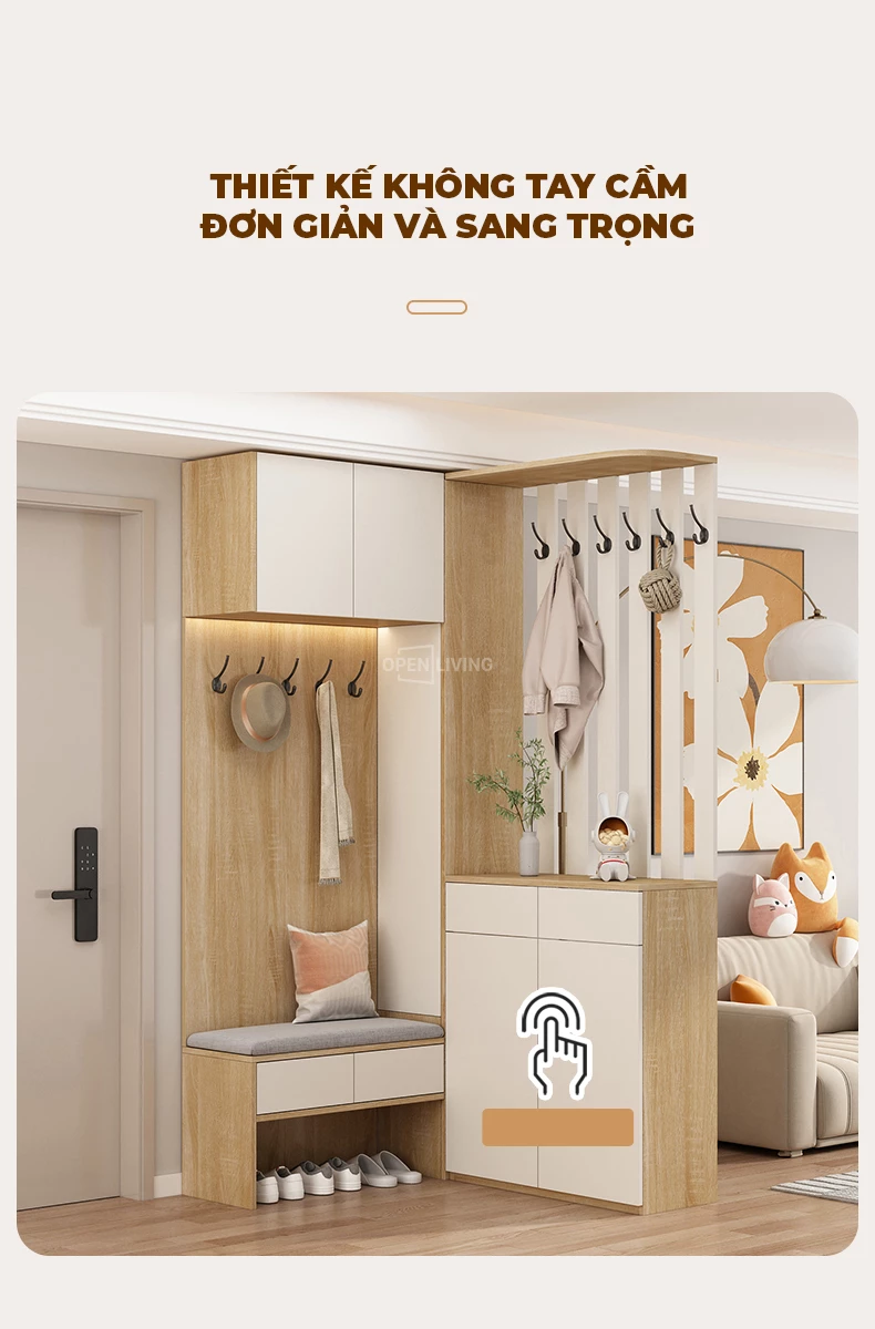 Tủ giày hiện đại Full tiện ích treo đồ và ghế ngồi OpenLiving OGI 015 kết hợp giữa tiện nghi và thẩm mỹ. Thiết kế hiện đại, tích hợp móc treo đồ và ghế ngồi tiện dụng, giúp sắp xếp giày dép gọn gàng và thoải mái khi sử dụng. Lựa chọn hoàn hảo cho không gian sống hiện đại.