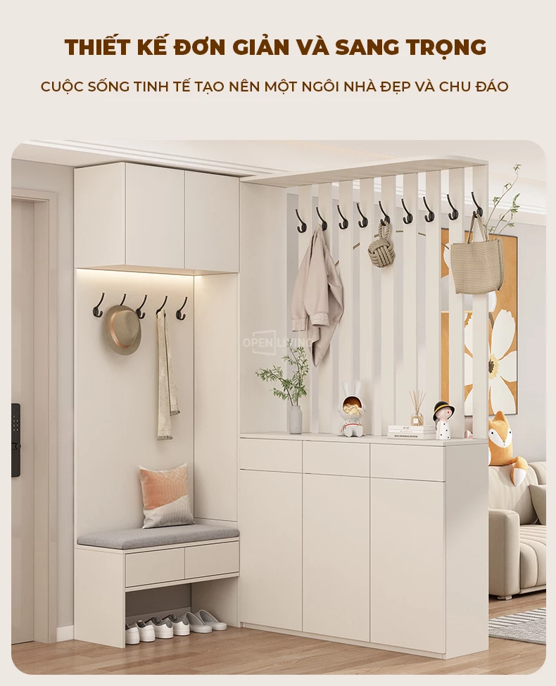 Tủ giày hiện đại Full tiện ích treo đồ và ghế ngồi OpenLiving OGI 015 kết hợp giữa tiện nghi và thẩm mỹ. Thiết kế hiện đại, tích hợp móc treo đồ và ghế ngồi tiện dụng, giúp sắp xếp giày dép gọn gàng và thoải mái khi sử dụng. Lựa chọn hoàn hảo cho không gian sống hiện đại.