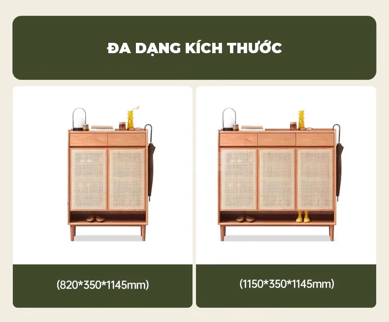 Tủ Kệ Để Giày Gỗ Tự Nhiên Phối Mây Hiện Đại Togismart TDG 116 sở hữu thiết kế tinh tế, thoáng khí và sang trọng. Kết hợp gỗ tự nhiên bền chắc cùng nan mây đan tỉ mỉ, sản phẩm vừa lưu trữ giày dép gọn gàng vừa tạo điểm nhấn ấm áp cho không gian sống hiện đại.