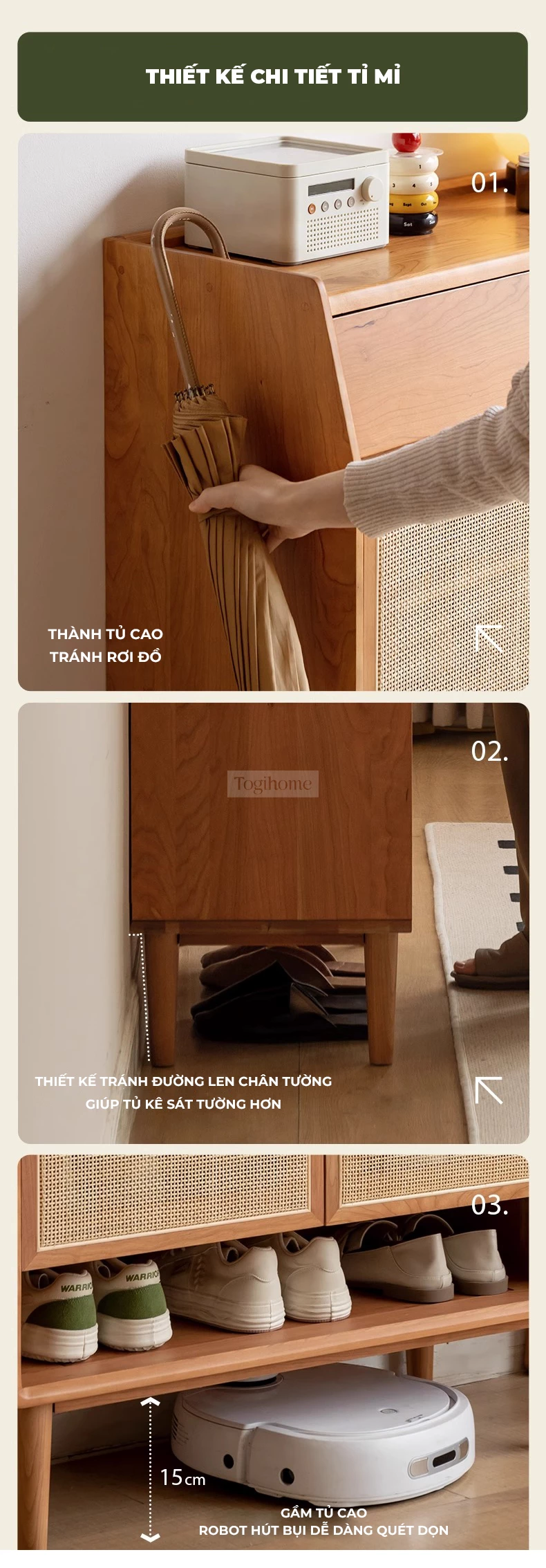 Tủ Kệ Để Giày Gỗ Tự Nhiên Phối Mây Hiện Đại Togismart TDG 116 sở hữu thiết kế tinh tế, thoáng khí và sang trọng. Kết hợp gỗ tự nhiên bền chắc cùng nan mây đan tỉ mỉ, sản phẩm vừa lưu trữ giày dép gọn gàng vừa tạo điểm nhấn ấm áp cho không gian sống hiện đại.