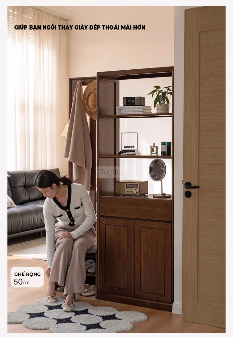 Tủ Kệ Để Giày Gỗ Tự Nhiên Thiết Kế Sang Trọng Togismart TDG 114 mang lại không gian lưu trữ gọn gàng, bền đẹp theo thời gian. Chất liệu gỗ tự nhiên cao cấp, chống cong vênh, mối mọt, kết hợp phong cách tinh tế, giúp nâng tầm thẩm mỹ cho căn hộ hiện đại.