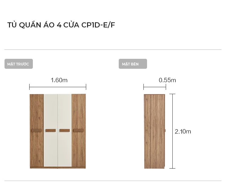 kích thước chi tiết của Tủ quần áo 4 cánh gỗ MDF cốt xanh Thái Lan cao cấp BR134