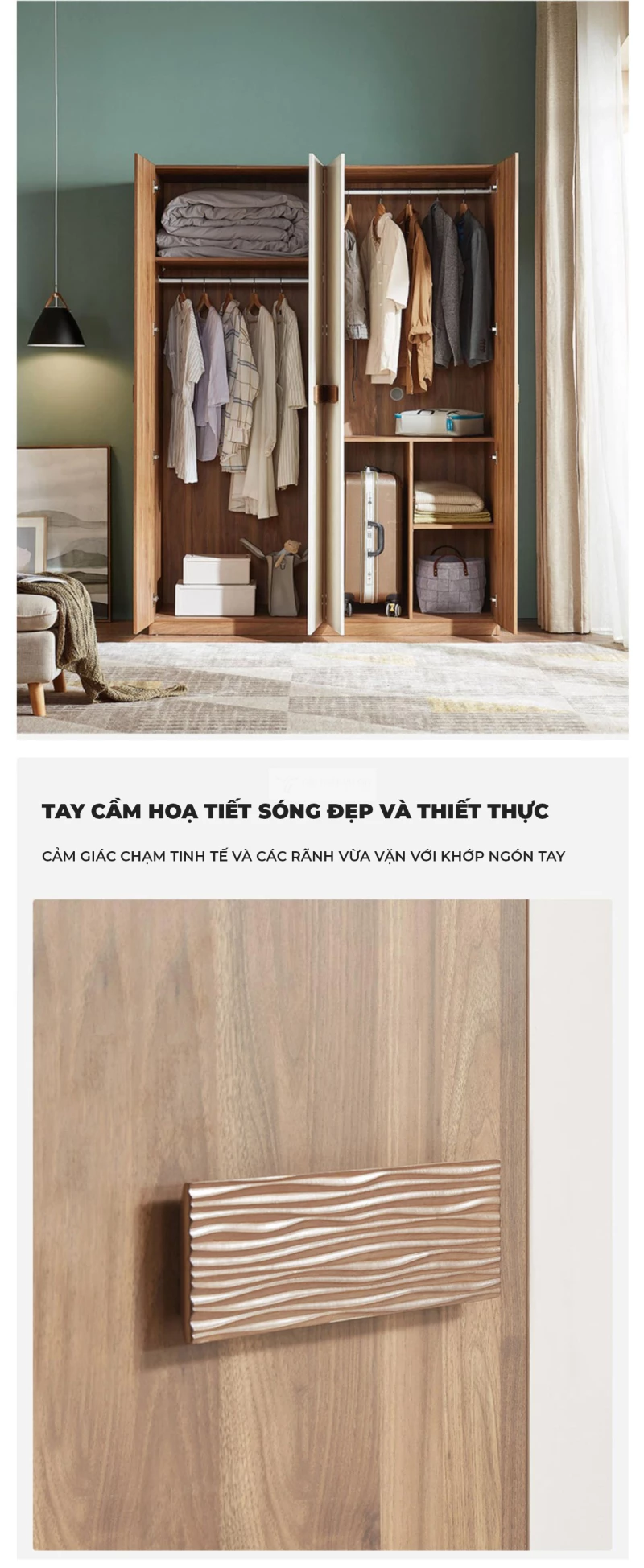 thiết kế tay cầm độc đáo của Tủ quần áo 4 cánh gỗ MDF cốt xanh Thái Lan cao cấp BR134