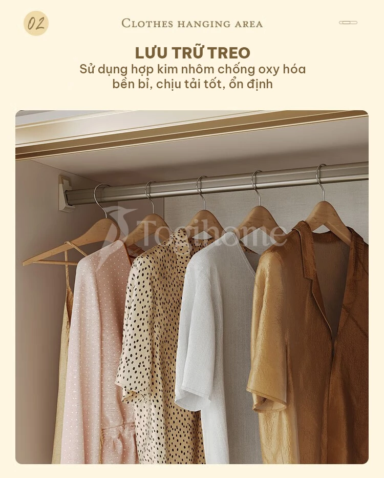 tủ quần áo TQA023 được trang bị thanh treo quần áo cao câp, hiện đại