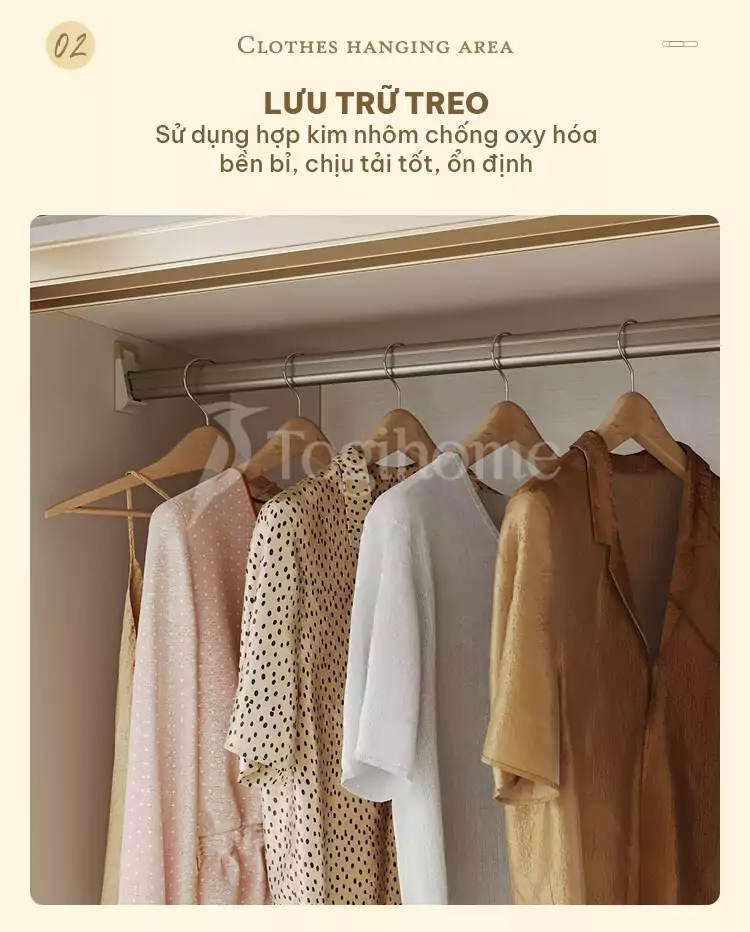 tủ quần áo TQA023 được trang bị thanh treo quần áo cao câp, hiện đại