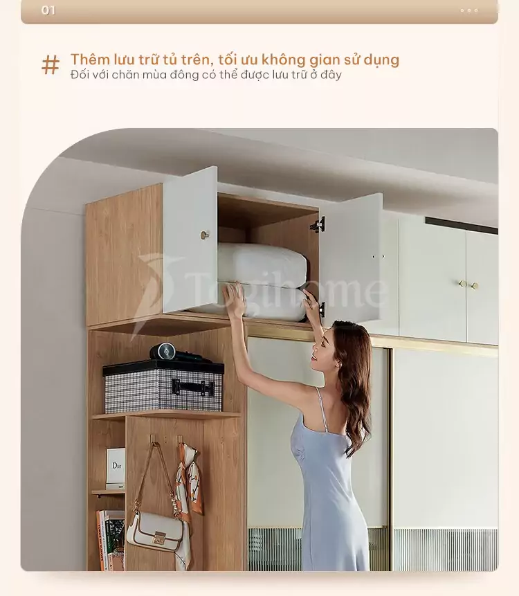 thiết kế tủ trên rộng của Tủ quần áo cánh lùa sang trọng TQA036