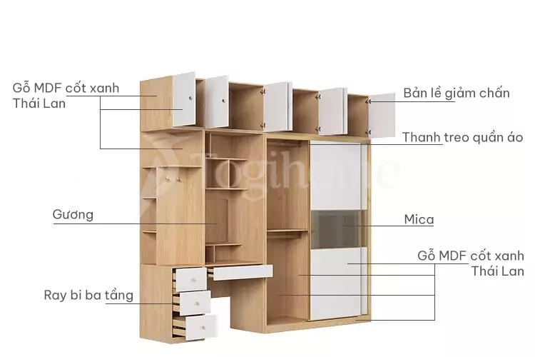 kết cấu của Tủ quần áo cánh lùa sang trọng TQA036