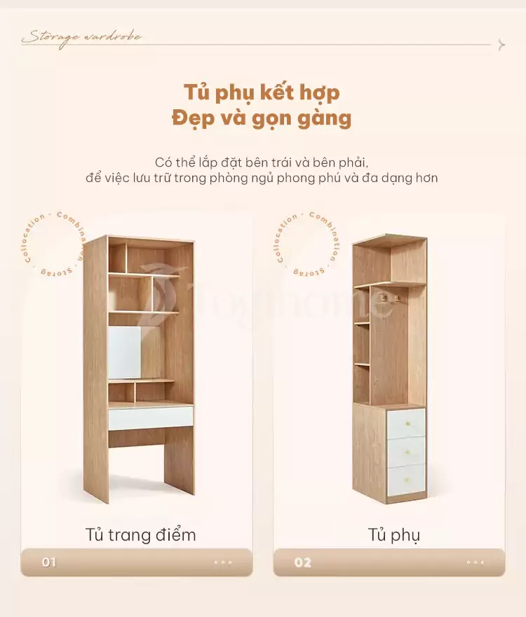 tùy chọn kết hợp tủ phụ và bàn trang điểm của Tủ quần áo cánh lùa sang trọng TQA036