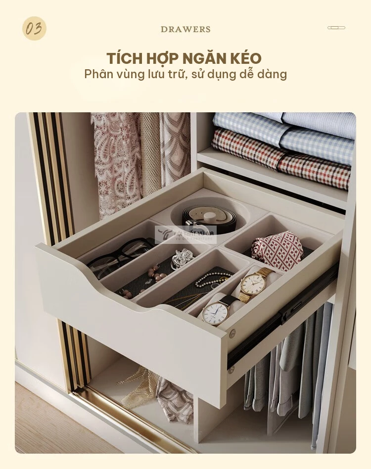 tích hợp ngăn kéo tiện lợi của Tủ quần áo cánh lùa thiết kế hiện đại BR115