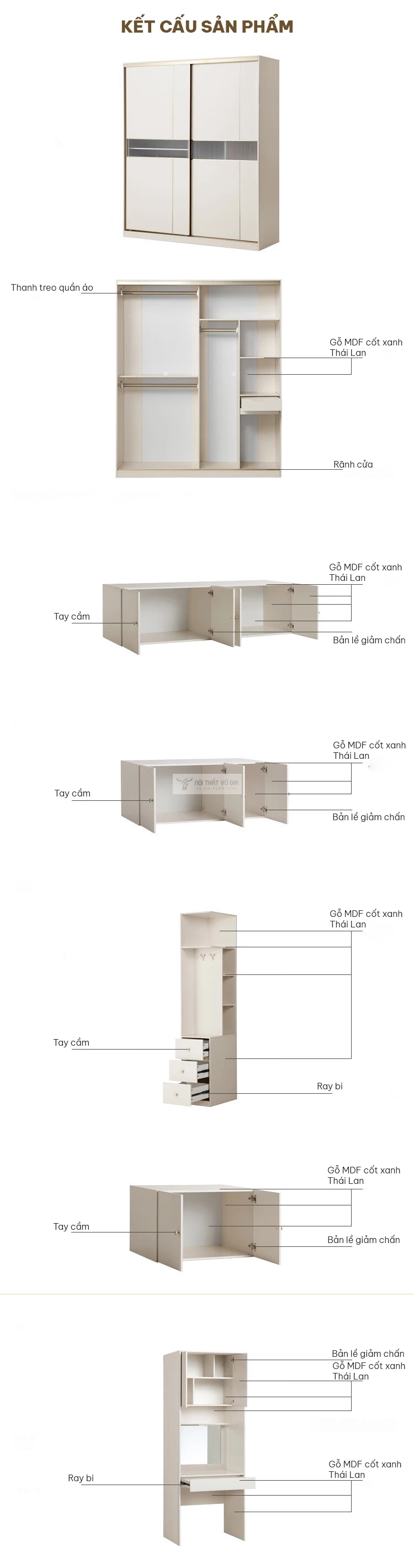 kết cấu của Tủ quần áo cánh lùa thiết kế hiện đại BR115