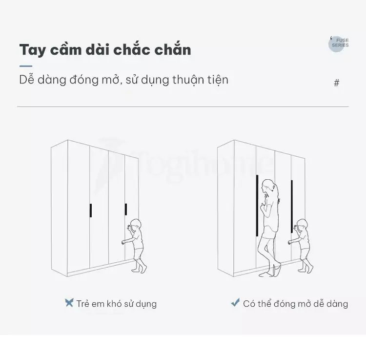 thiết kế tay cầm dài thuận tiện của Tủ quần áo cánh mở hiện đại TQA032