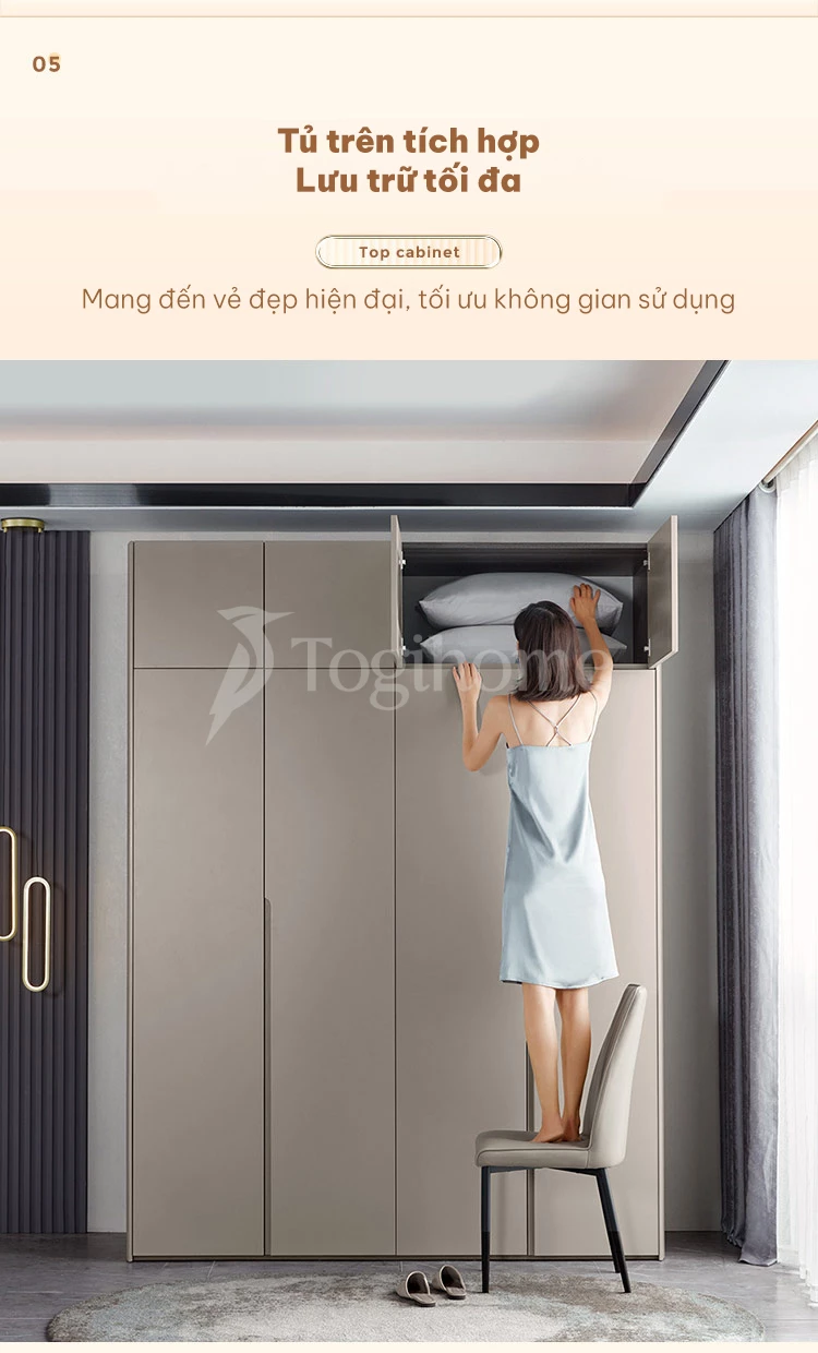 thiết kế lưu trữ tủ trên của Tủ quần áo cánh mở kết hợp màu sang trọng TQA027