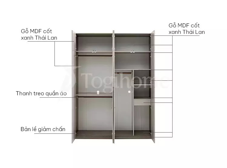 kết cấu của Tủ quần áo cánh mở kết hợp màu sang trọng TQA027