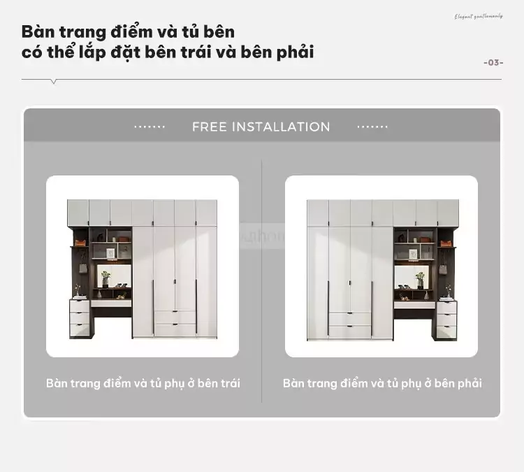 tùy chỉnh hướng phù hợp với nhiều không gian khác nhau của Tủ quần áo cánh mớ phong cách hiện đại TQA045
