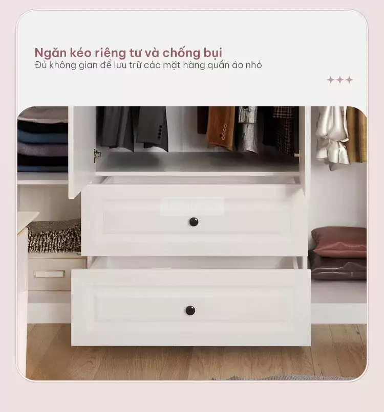 thiết kế ngăn kéo lưu trữ lớn của Tủ quần áo cánh mở phong cách tân cổ điển TQA043