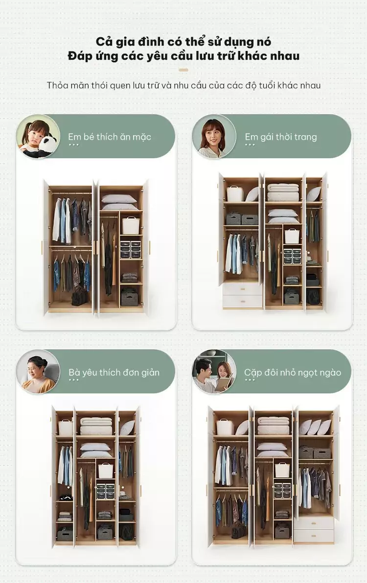 không gian lưu trữ đa dạng đáp ứng mọi nhu cầu của gia đình bạn của Tủ quấn áo cánh mở phong cách tối giản TQA039