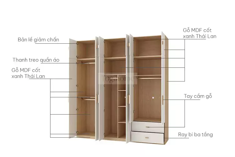 chi tiết kết cấu của Tủ quấn áo cánh mở phong cách tối giản TQA039