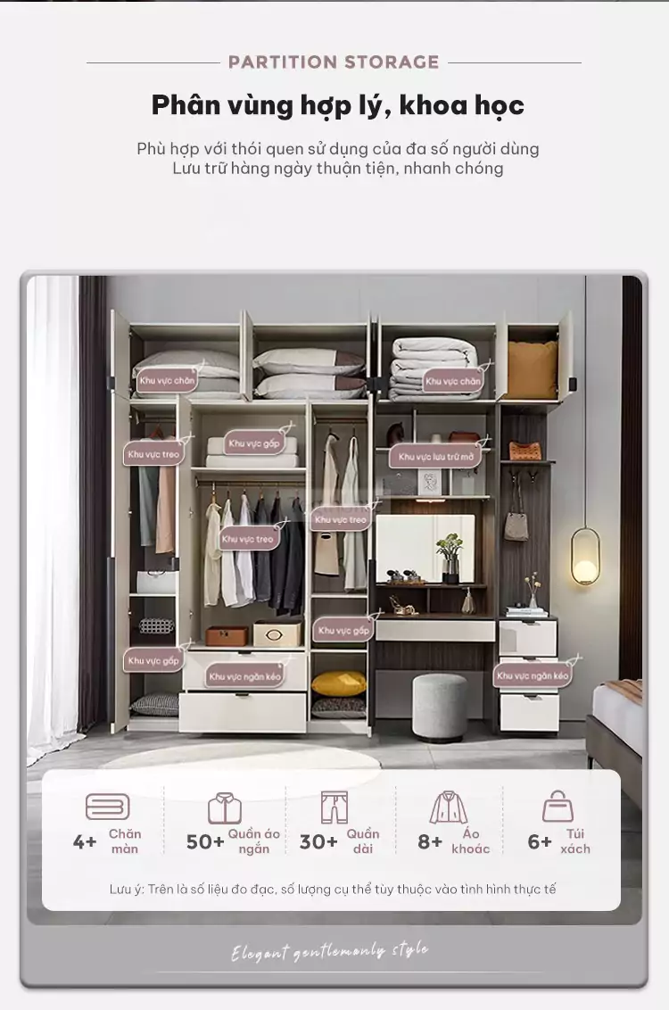 thiết kế phân vùng khoa học của Tủ quần áo cánh mở thiết kế tinh tế TQA044