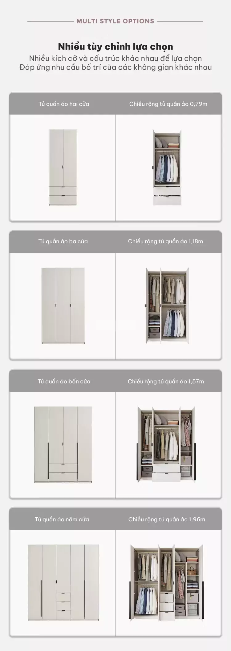 tùy chọn két cấu của Tủ quần áo cánh mở thiết kế tinh tế TQA044