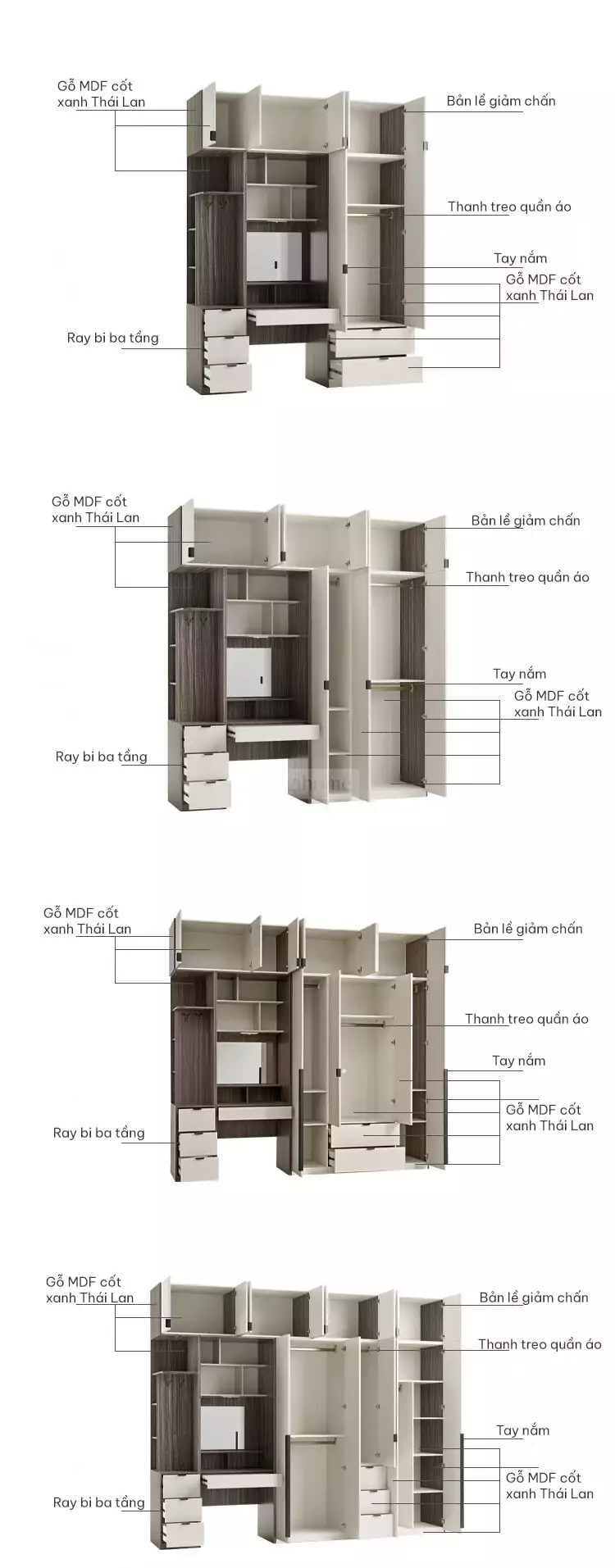 chi tiết kết cấu của Tủ quần áo cánh mở thiết kế tinh tế TQA044
