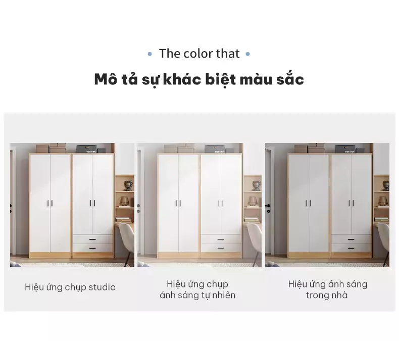 mô tả sự khác biệt màu sắc trên hình ảnh của Tủ quần áo cánh mở tối giản TQA056